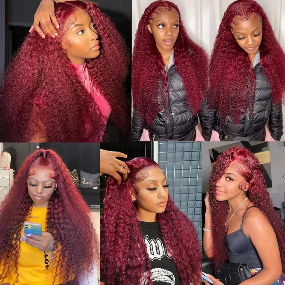 99J Burgundy Transparent Hd lace front wig human hair 13x6 human hair 100% 13X4 Curly Deep Wave 40 inch Brazilian wig for women