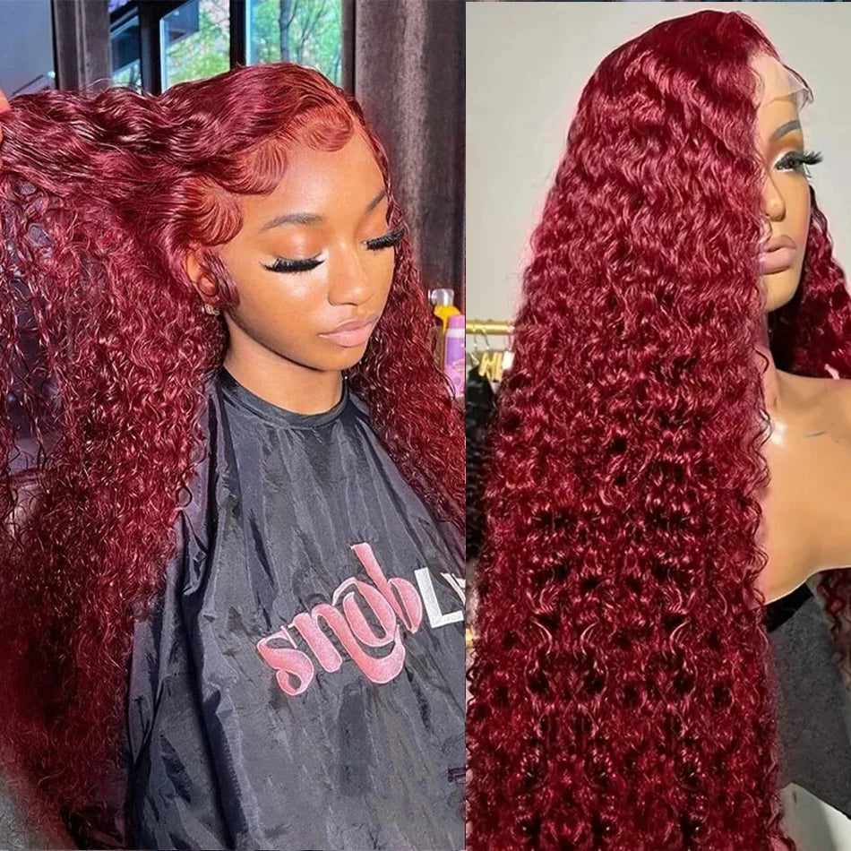 99J Burgundy Transparent Hd lace front wig human hair 13x6 human hair 100% 13X4 Curly Deep Wave 40 inch Brazilian wig for women