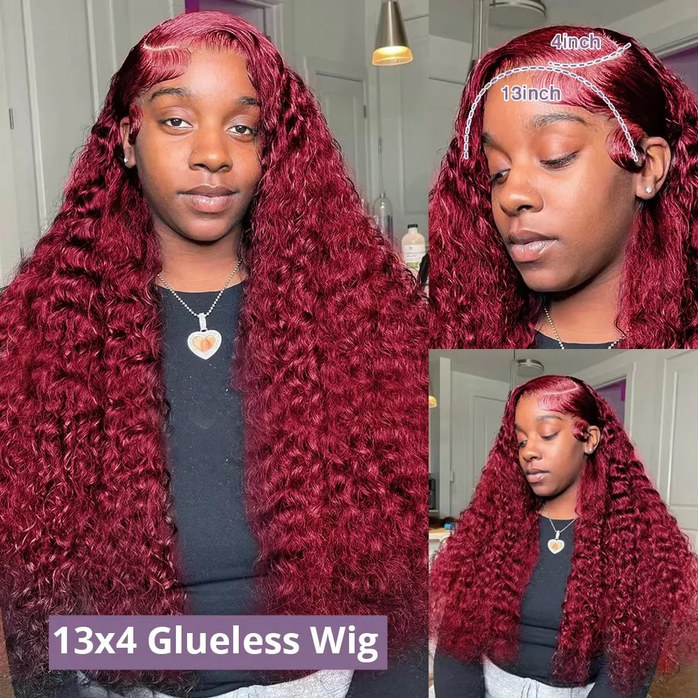 99J Burgundy Transparent Hd lace front wig human hair 13x6 human hair 100% 13X4 Curly Deep Wave 40 inch Brazilian wig for women