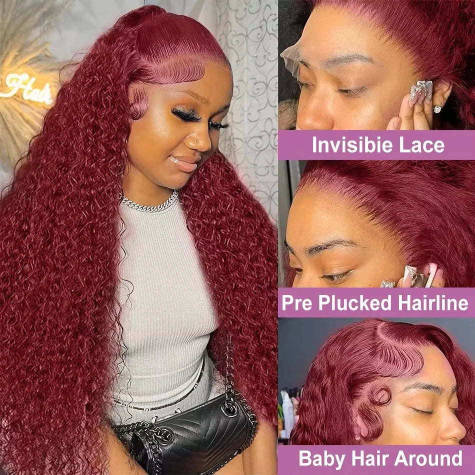 99J Burgundy Transparent Hd lace front wig human hair 13x6 human hair 100% 13X4 Curly Deep Wave 40 inch Brazilian wig for women