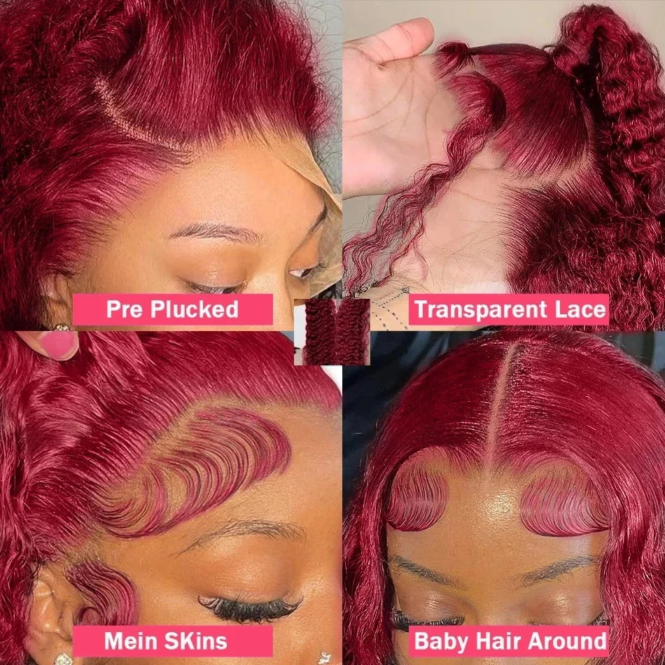99J Burgundy Transparent Hd lace front wig human hair 13x6 human hair 100% 13X4 Curly Deep Wave 40 inch Brazilian wig for women