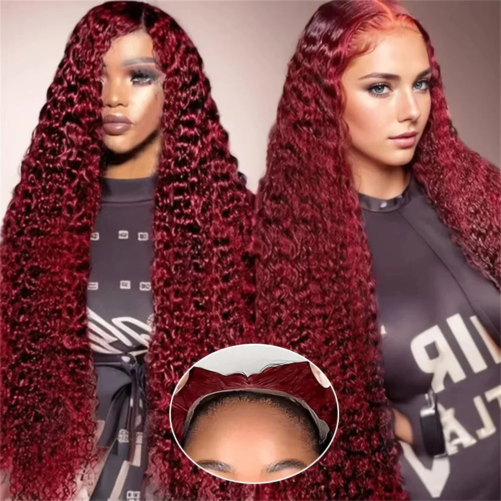 99J Burgundy Transparent Hd lace front wig human hair 13x6 human hair 100% 13X4 Curly Deep Wave 40 inch Brazilian wig for women