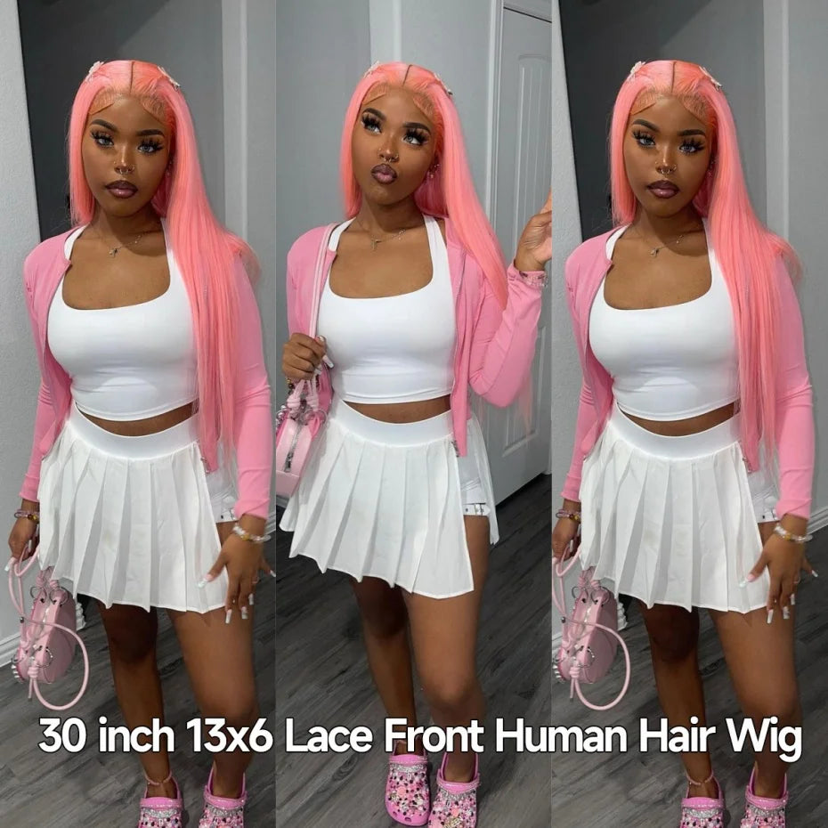 Short Bone Straight Pink Lace Front Wig Transparent 13x6 Brazilian 313 Blonde Lace Frontal Wigs for Women