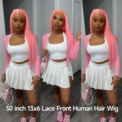 Short Bone Straight Pink Lace Front Wig Transparent 13x6 Brazilian 313 Blonde Lace Frontal Wigs for Women